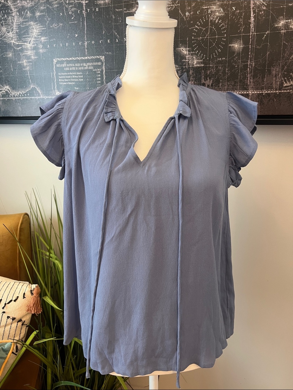 Ruffled Tie-Neck Blouse in Slate Blue by